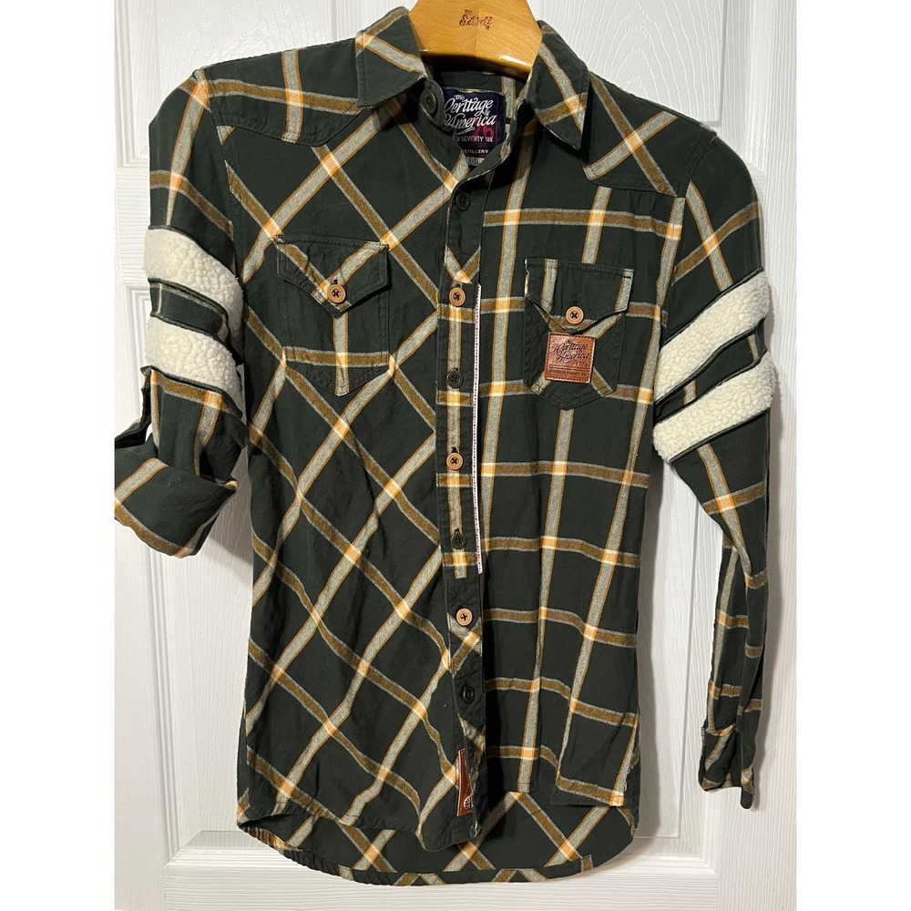 Heritage America 1776 Plaid‎ Flannel Shirt Sherpa Stripe Roll Tab Sleeve Medium